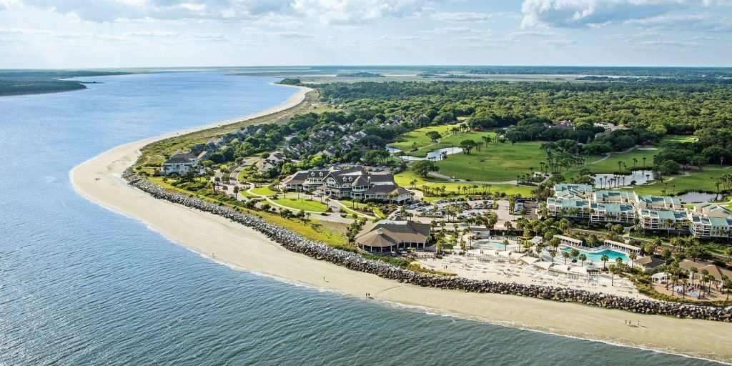aerial view of seabrook island community and oceanfront property
