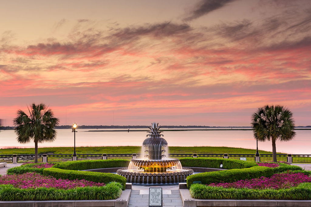 pineapple fountain at sunset in waterfront park, charleston